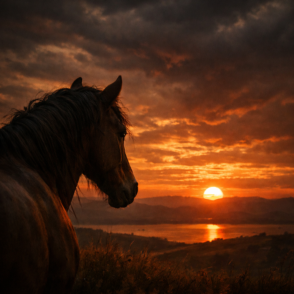 A horse looking at the sunset in a dramatic melancholic mood-1