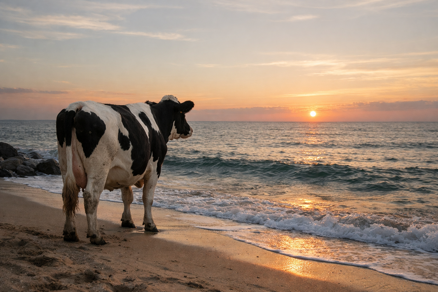 A cow on a beach looking out into the open sea contemplating its decisions that led it to this point in its life-1